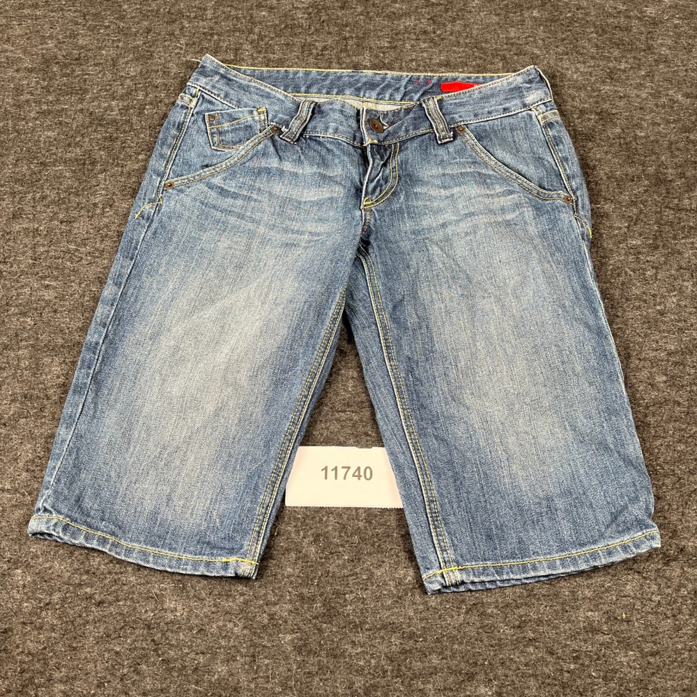 X2 Bermuda Shorts Womens 6 Blue Denim Medium Wash Whiskers Detail Streetwear